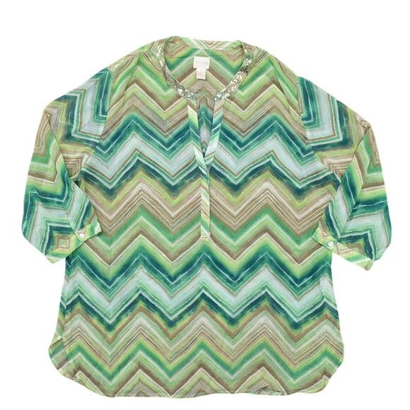 Chico's Size 3 Green Polyester Blouse V Neck 3/4 Sleeve Geometric - Picture 1 of 9